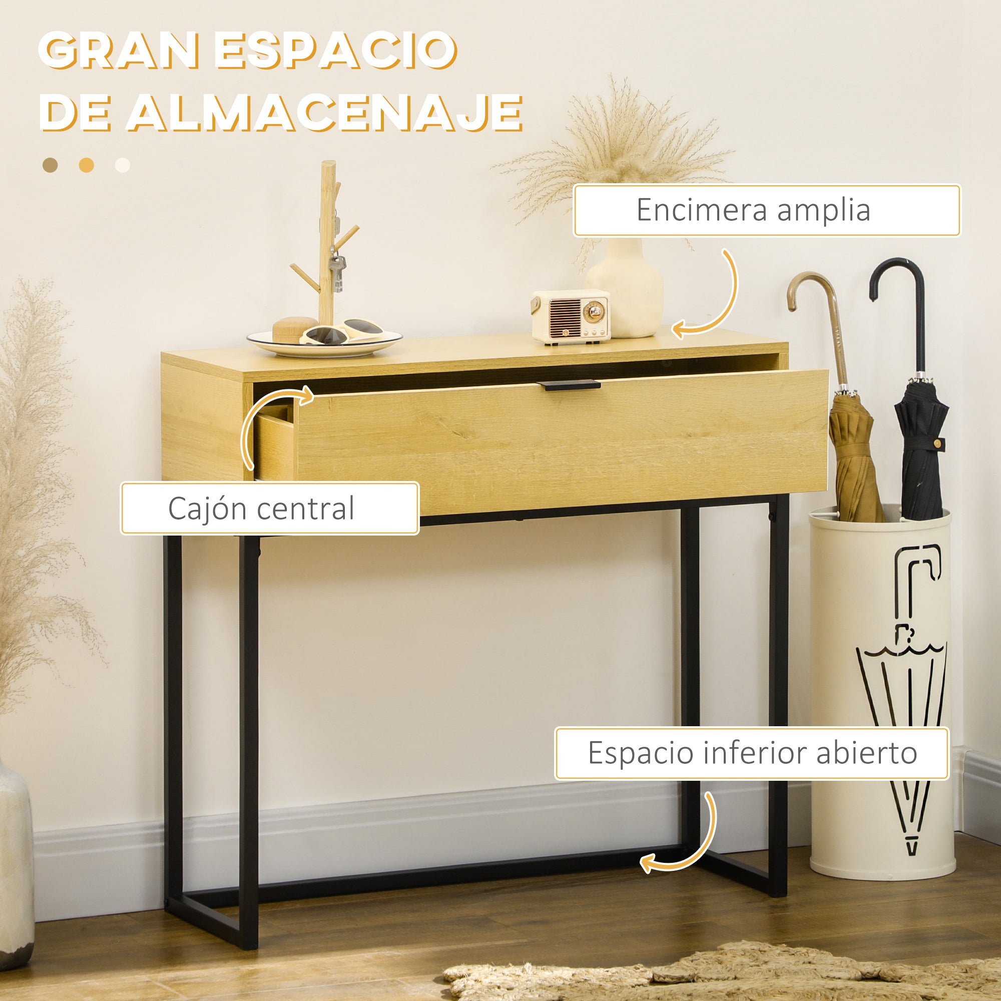 Console Table with Drawer Modern Side Table with Steel Legs for Hallway Living Room Bedroom 80x30x76 cm Natural
