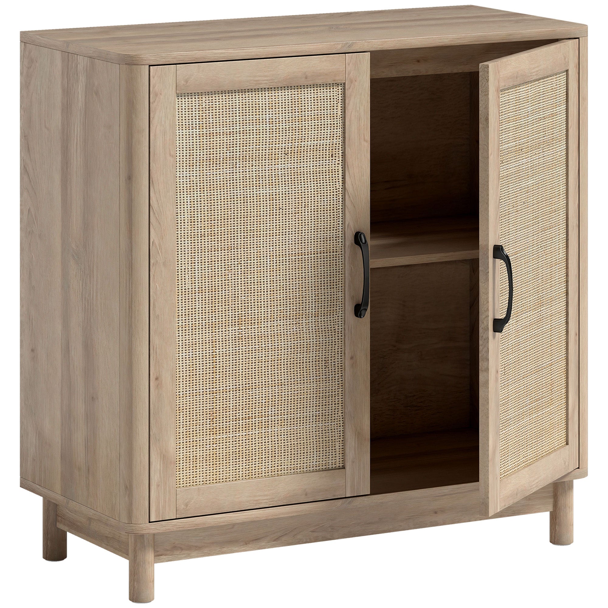 Boho Sideboard with Rattan Doors, Adjustable Shelf & Rounded Edges — Oak Finish, 30 x 13.8 x 29.7 in