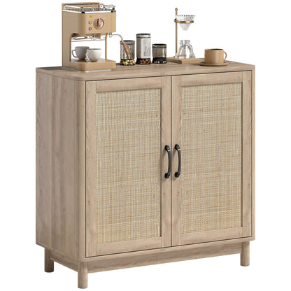 Boho Sideboard with Rattan Doors, Adjustable Shelf & Rounded Edges — Oak Finish, 30 x 13.8 x 29.7 in
