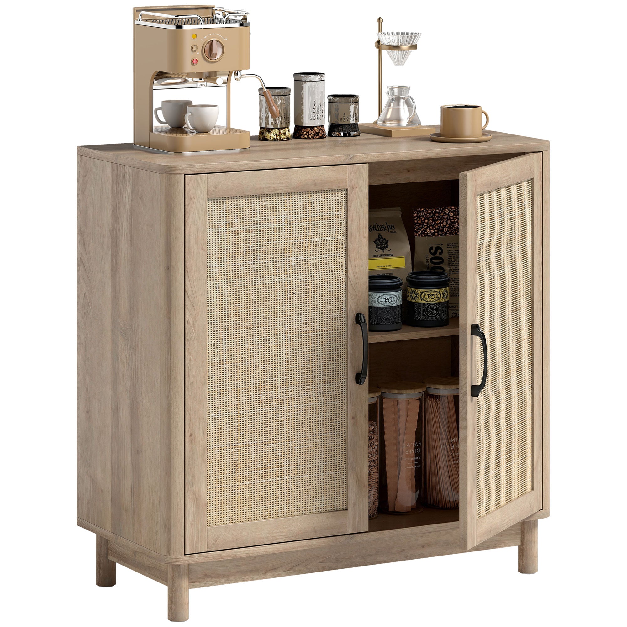 Boho Sideboard with Rattan Doors, Adjustable Shelf & Rounded Edges — Oak Finish, 30 x 13.8 x 29.7 in