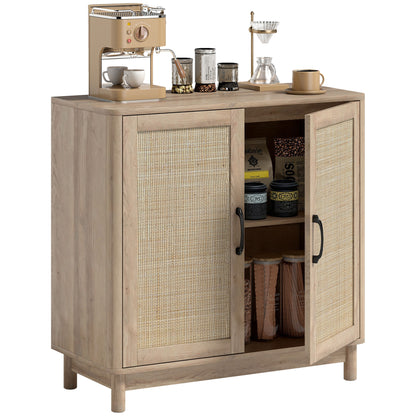 Boho Sideboard with Rattan Doors, Adjustable Shelf & Rounded Edges — Oak Finish, 30 x 13.8 x 29.7 in