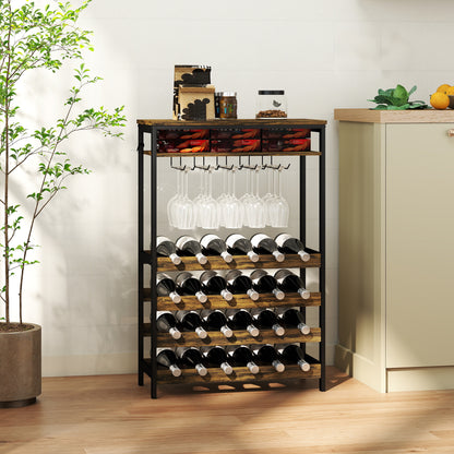 24-Bottle Wine Rack Industrial Wine Rack with Glass Holder and Open Shelf for Living Room Dining Room 66x30x100.3 cm Rustic Brown