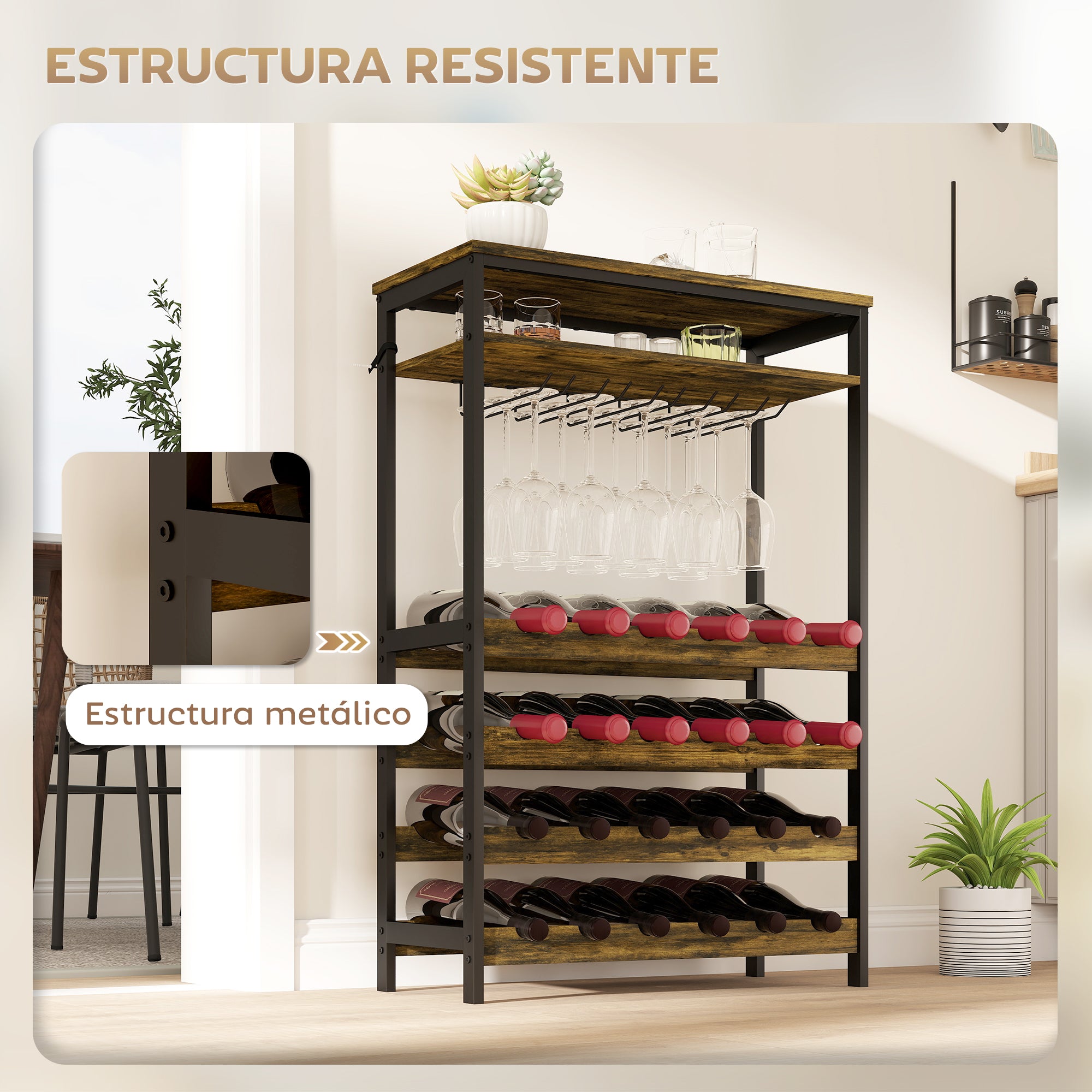 24-Bottle Wine Rack Industrial Wine Rack with Glass Holder and Open Shelf for Living Room Dining Room 66x30x100.3 cm Rustic Brown