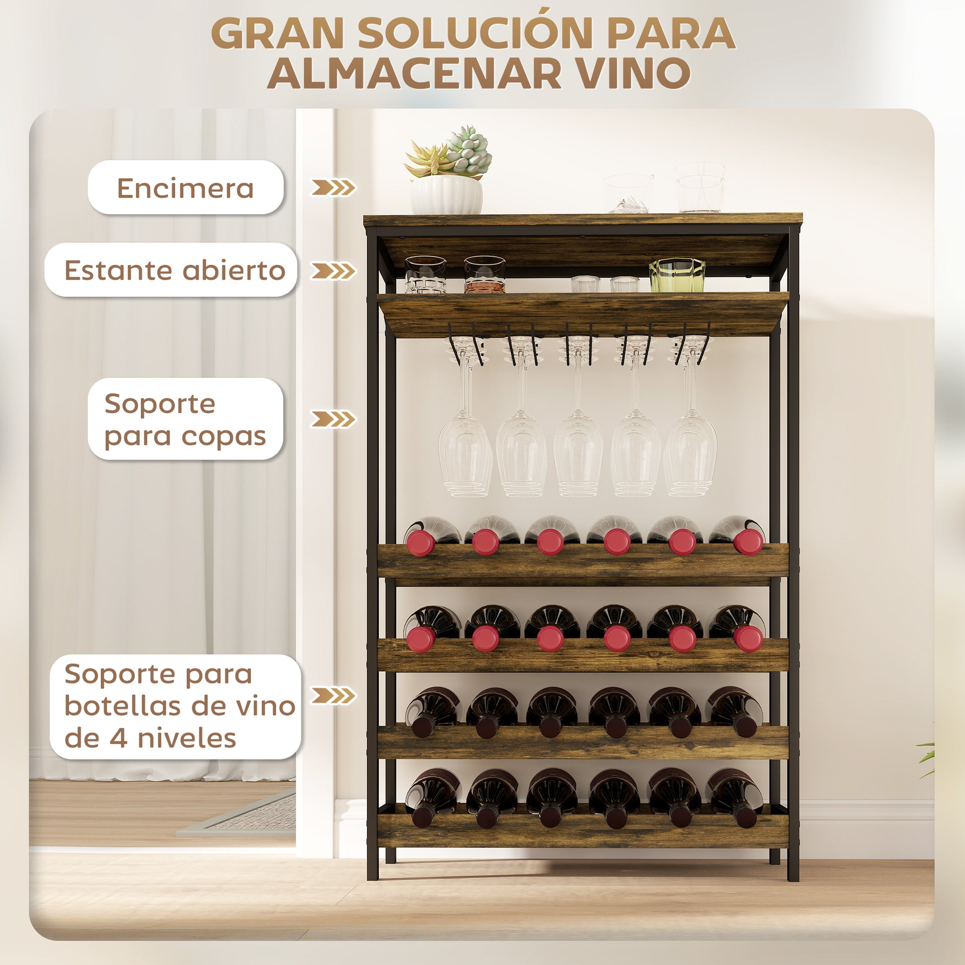 24-Bottle Wine Rack Industrial Wine Rack with Glass Holder and Open Shelf for Living Room Dining Room 66x30x100.3 cm Rustic Brown