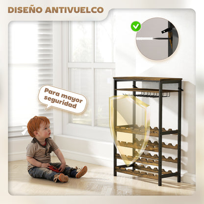 24-Bottle Wine Rack Industrial Wine Rack with Glass Holder and Open Shelf for Living Room Dining Room 66x30x100.3 cm Rustic Brown