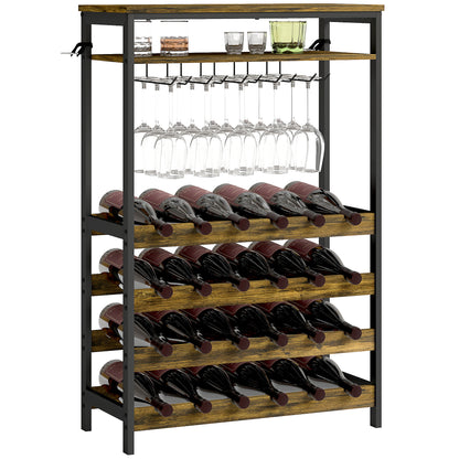 24-Bottle Wine Rack Industrial Wine Rack with Glass Holder and Open Shelf for Living Room Dining Room 66x30x100.3 cm Rustic Brown