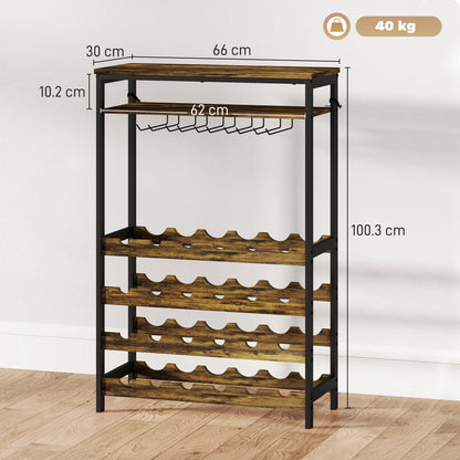 24-Bottle Wine Rack Industrial Wine Rack with Glass Holder and Open Shelf for Living Room Dining Room 66x30x100.3 cm Rustic Brown