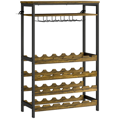 24-Bottle Wine Rack Industrial Wine Rack with Glass Holder and Open Shelf for Living Room Dining Room 66x30x100.3 cm Rustic Brown