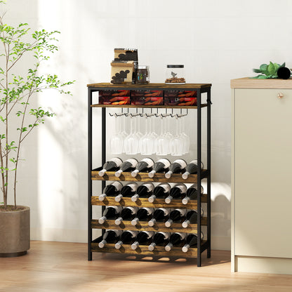 24-Bottle Wine Rack Industrial Wine Rack with Glass Holder and Open Shelf for Living Room Dining Room 66x30x100.3 cm Rustic Brown