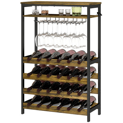 24-Bottle Wine Rack Industrial Wine Rack with Glass Holder and Open Shelf for Living Room Dining Room 66x30x100.3 cm Rustic Brown