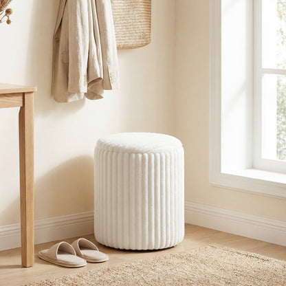 Storage Ottoman with Hidden Compartment — Round Ottoman with Reversible Multi-Function Lid, Marble-Effect Top, White Corduroy Upholstery, Modern Side Table for Living Room & Bedroom, 13.8 x 13.8 x 17.7 in (35 x 35 x 45 cm)