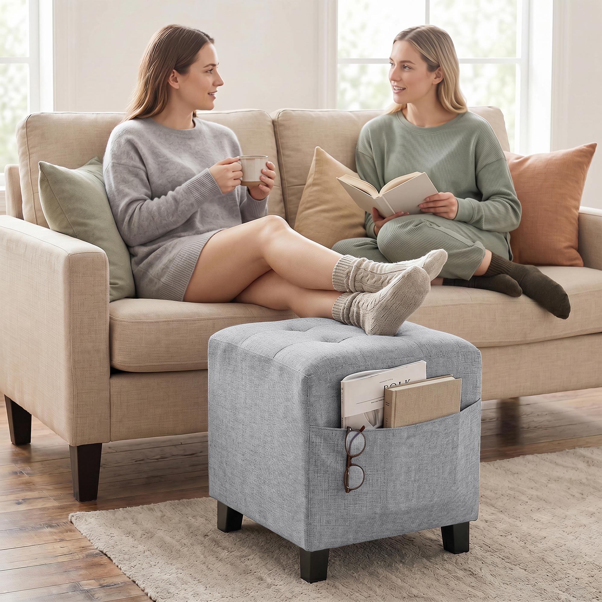 Square Ottoman with Side Pocket, Padded Seat, Rubberwood Legs, Linen-Look Fabric, 13.8 in, Light Gray