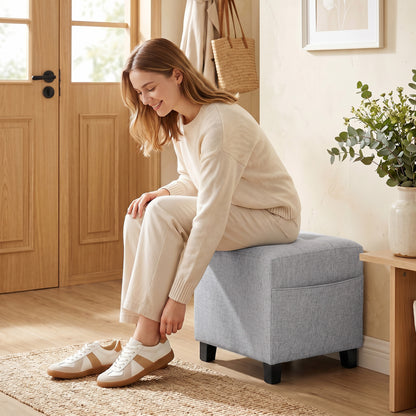 Square Ottoman with Side Pocket, Padded Seat, Rubberwood Legs, Linen-Look Fabric, 13.8 in, Light Gray