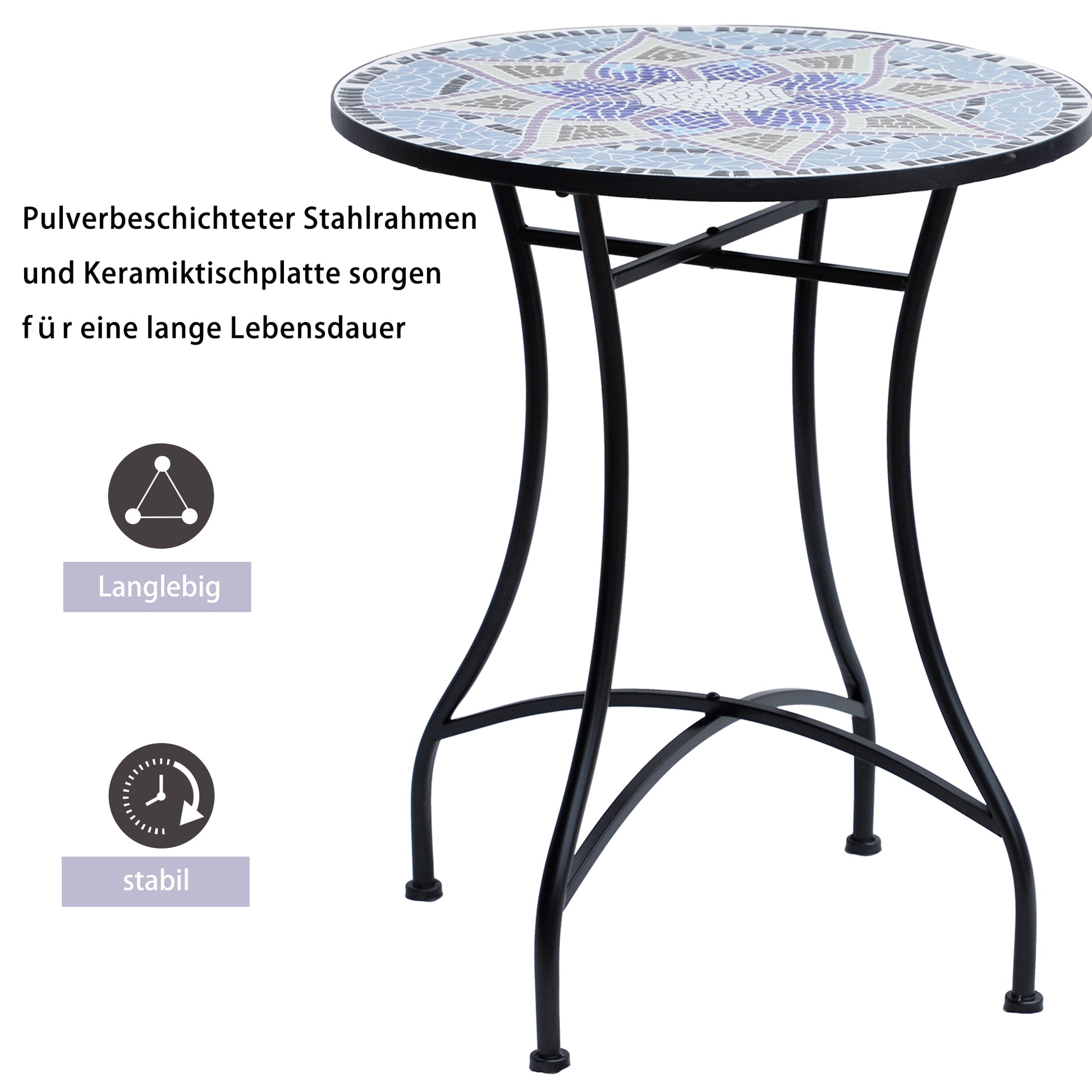 Garden Table Ø60 x H71cm, Weatherproof Patio Table made of Metal, Outdoor Dining Table, Camping Side Table, Round Terrace Table for Garden Patio Balcony Blue+White