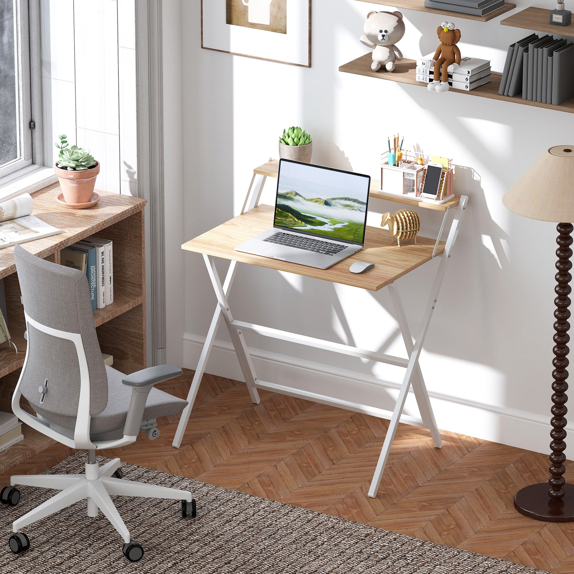 Space-Saving Folding Desk with Monitor Shelf, Small Foldable Computer Table for Office and Study, in Steel, 81.5x62x86.5 cm, Wood Color