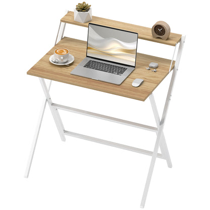 Space-Saving Folding Desk with Monitor Shelf, Small Foldable Computer Table for Office and Study, in Steel, 81.5x62x86.5 cm, Wood Color