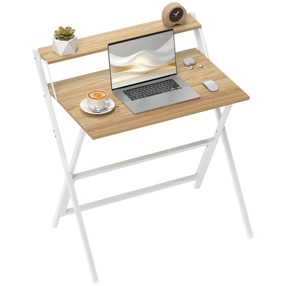 Space-Saving Folding Desk with Monitor Shelf, Small Foldable Computer Table for Office and Study, in Steel, 81.5x62x86.5 cm, Wood Color