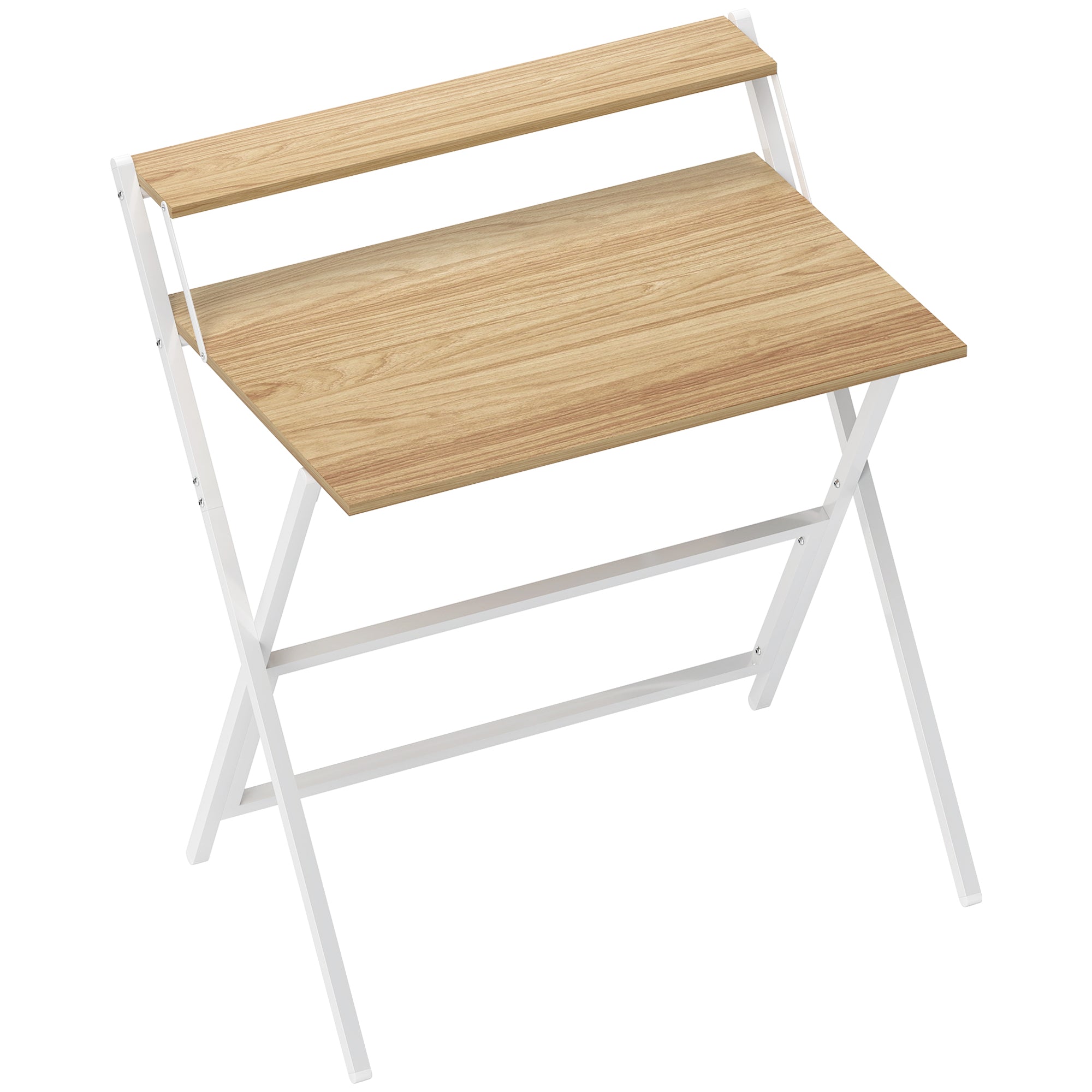 Space-Saving Folding Desk with Monitor Shelf, Small Foldable Computer Table for Office and Study, in Steel, 81.5x62x86.5 cm, Wood Color