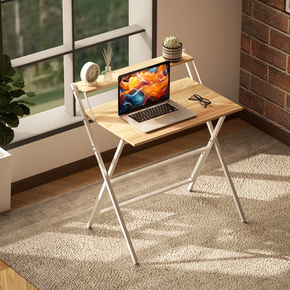 Space-Saving Folding Desk with Monitor Shelf, Small Foldable Computer Table for Office and Study, in Steel, 81.5x62x86.5 cm, Wood Color