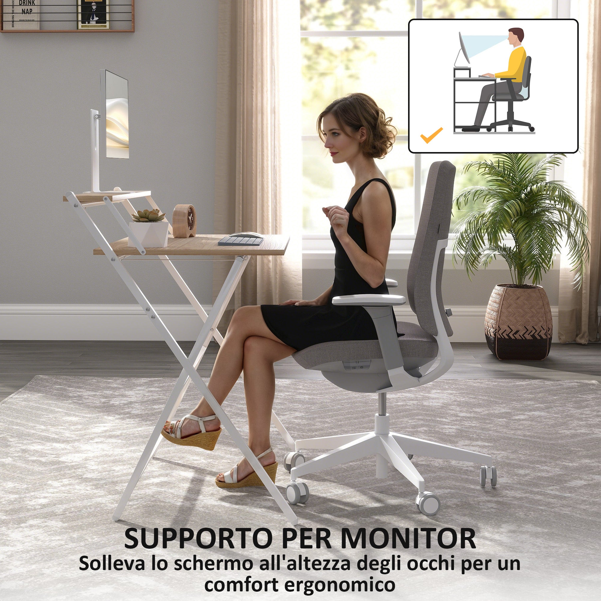 Space-Saving Folding Desk with Monitor Shelf, Small Foldable Computer Table for Office and Study, in Steel, 81.5x62x86.5 cm, Wood Color
