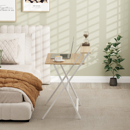 Space-Saving Folding Desk with Monitor Shelf, Small Foldable Computer Table for Office and Study, in Steel, 81.5x62x86.5 cm, Wood Color