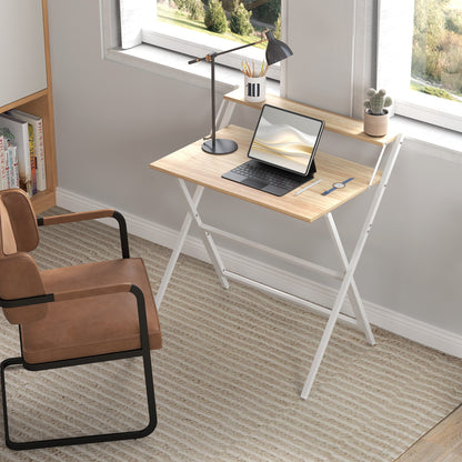 Space-Saving Folding Desk with Monitor Shelf, Small Foldable Computer Table for Office and Study, in Steel, 81.5x62x86.5 cm, Wood Color