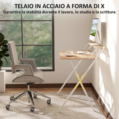 Space-Saving Folding Desk with Monitor Shelf, Small Foldable Computer Table for Office and Study, in Steel, 81.5x62x86.5 cm, Wood Color