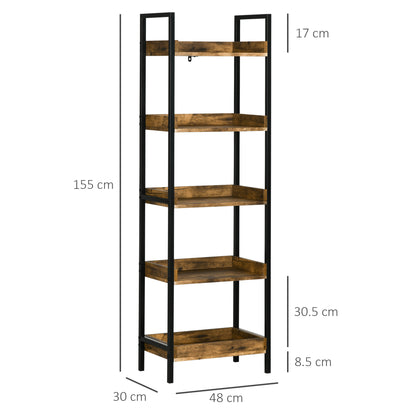 Industrial Style 5-Shelf Bookcase, Wood and Metal Bookshelf for Home and Office, 48x30x155cm, Rustic Brown