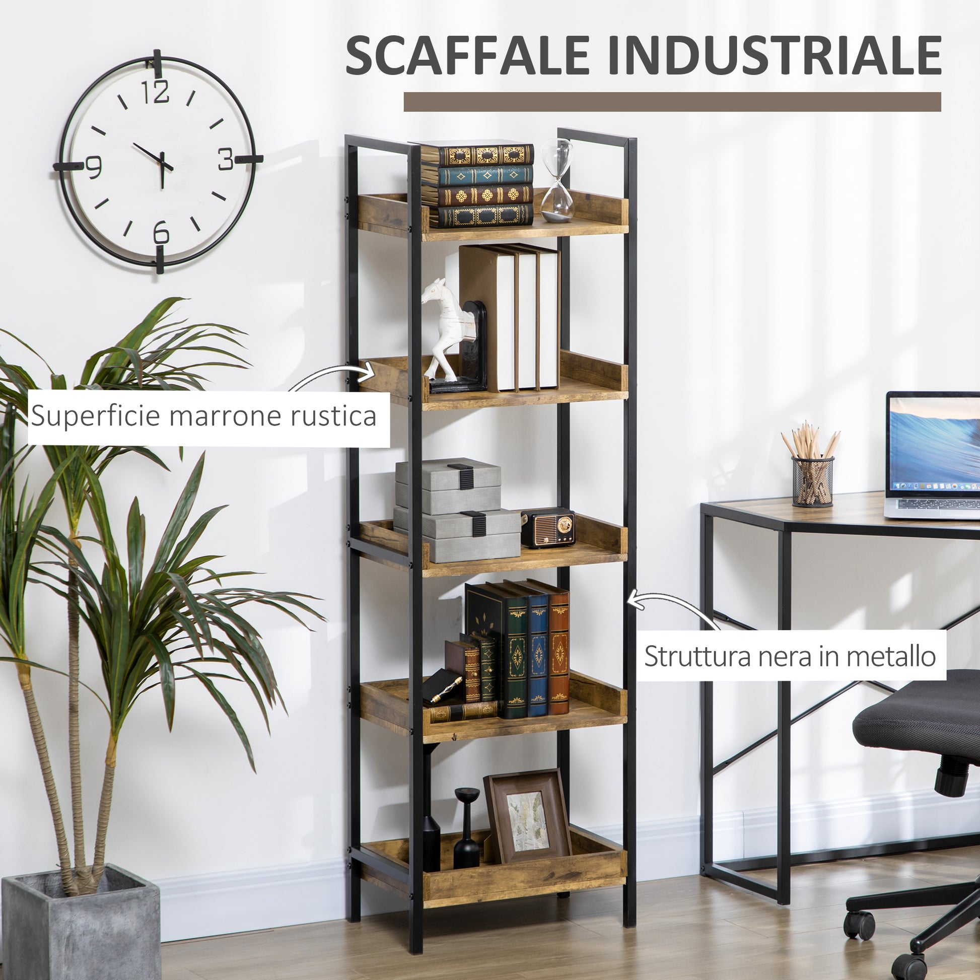 Industrial Style 5-Shelf Bookcase, Wood and Metal Bookshelf for Home and Office, 48x30x155cm, Rustic Brown