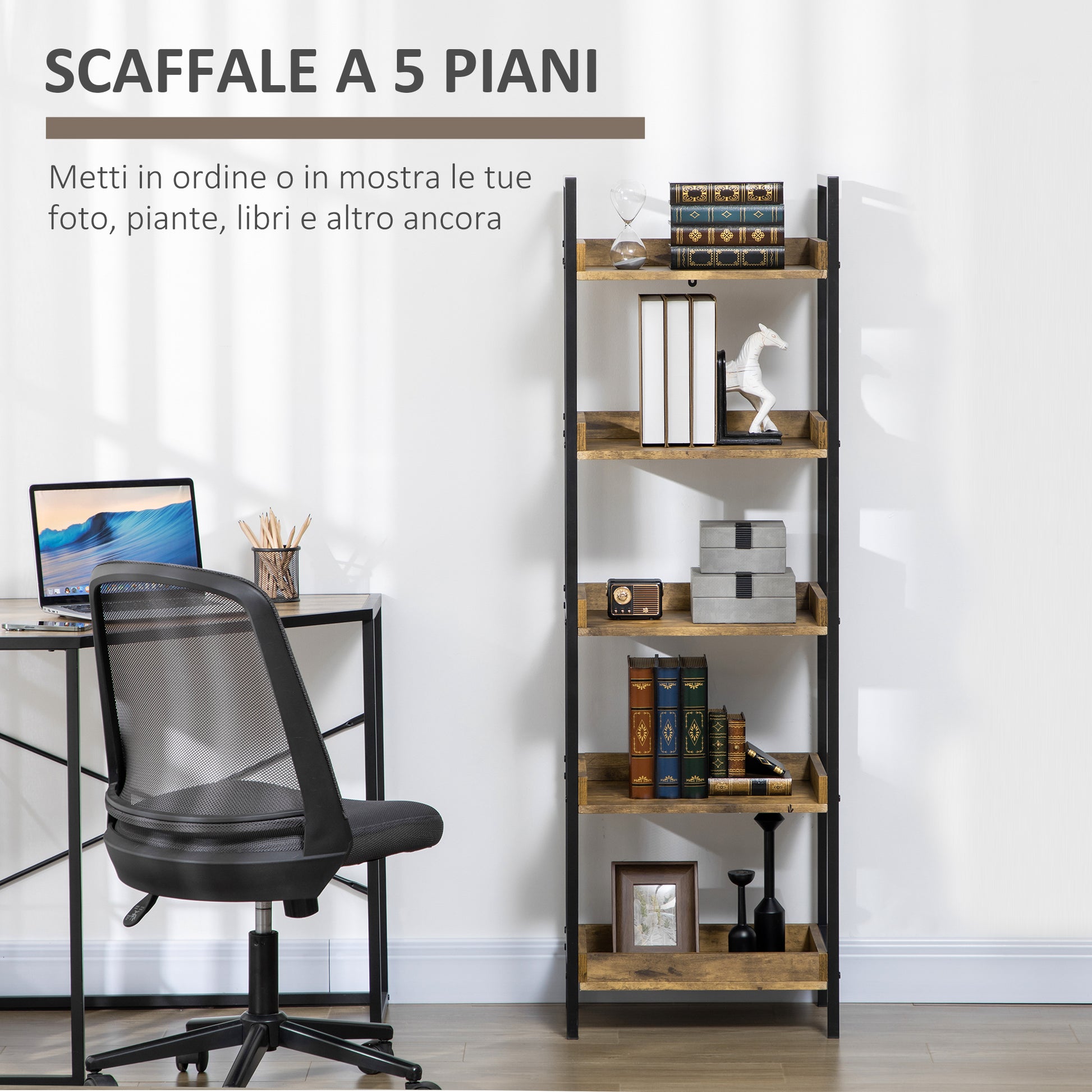 Industrial Style 5-Shelf Bookcase, Wood and Metal Bookshelf for Home and Office, 48x30x155cm, Rustic Brown