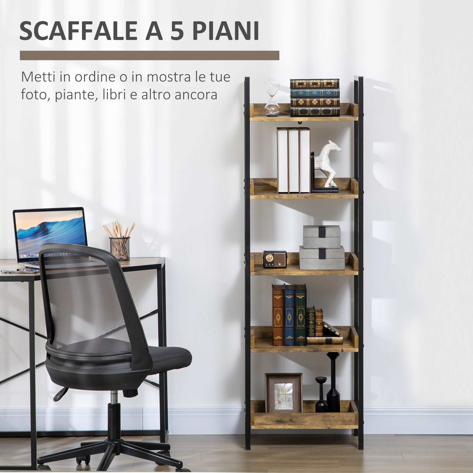 Industrial Style 5-Shelf Bookcase, Wood and Metal Bookshelf for Home and Office, 48x30x155cm, Rustic Brown