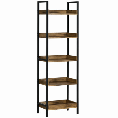 Industrial Style 5-Shelf Bookcase, Wood and Metal Bookshelf for Home and Office, 48x30x155cm, Rustic Brown