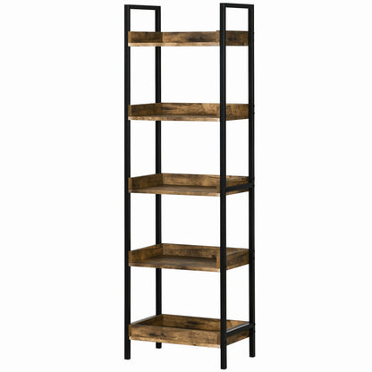 Industrial Style 5-Shelf Bookcase, Wood and Metal Bookshelf for Home and Office, 48x30x155cm, Rustic Brown