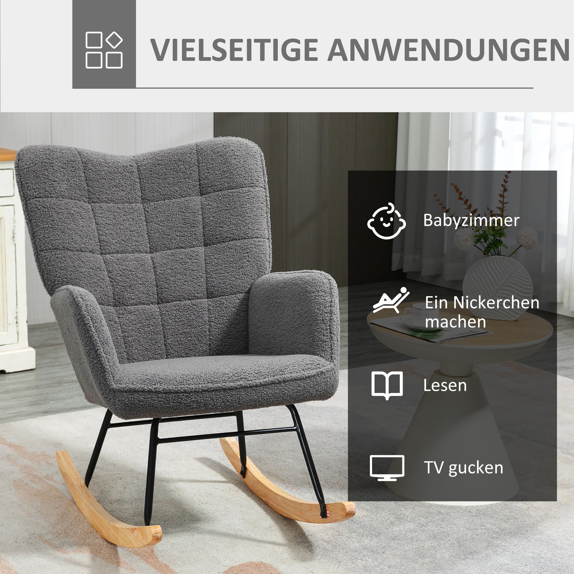 Rocking Chair, Rocking Armchair with Berber Fleece Look, Armrest, Upholstered Chair with Wooden Rockers, Relaxing Chair for Living Room, Bedroom, Up to 120kg Load Capacity, Dark Gray