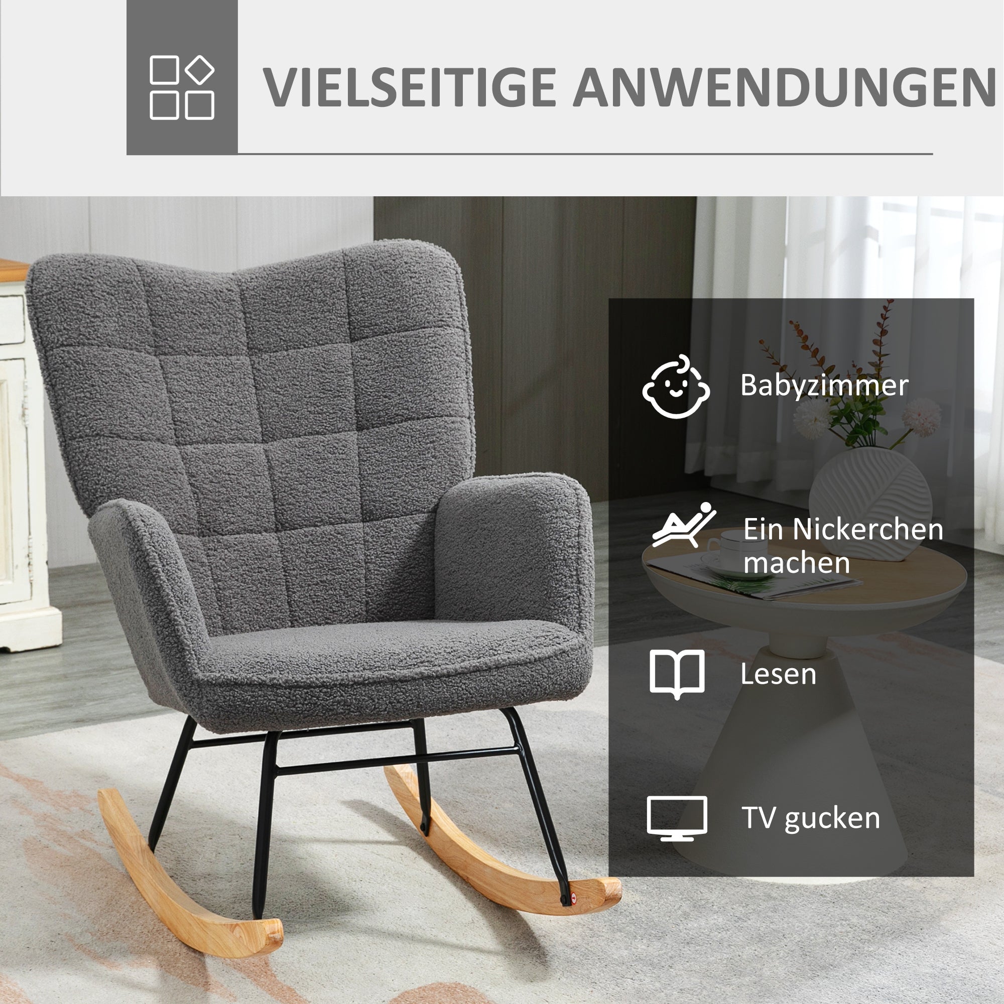 Rocking Chair, Rocking Armchair with Berber Fleece Look, Armrest, Upholstered Chair with Wooden Rockers, Relaxing Chair for Living Room, Bedroom, Up to 120kg Load Capacity, Dark Gray