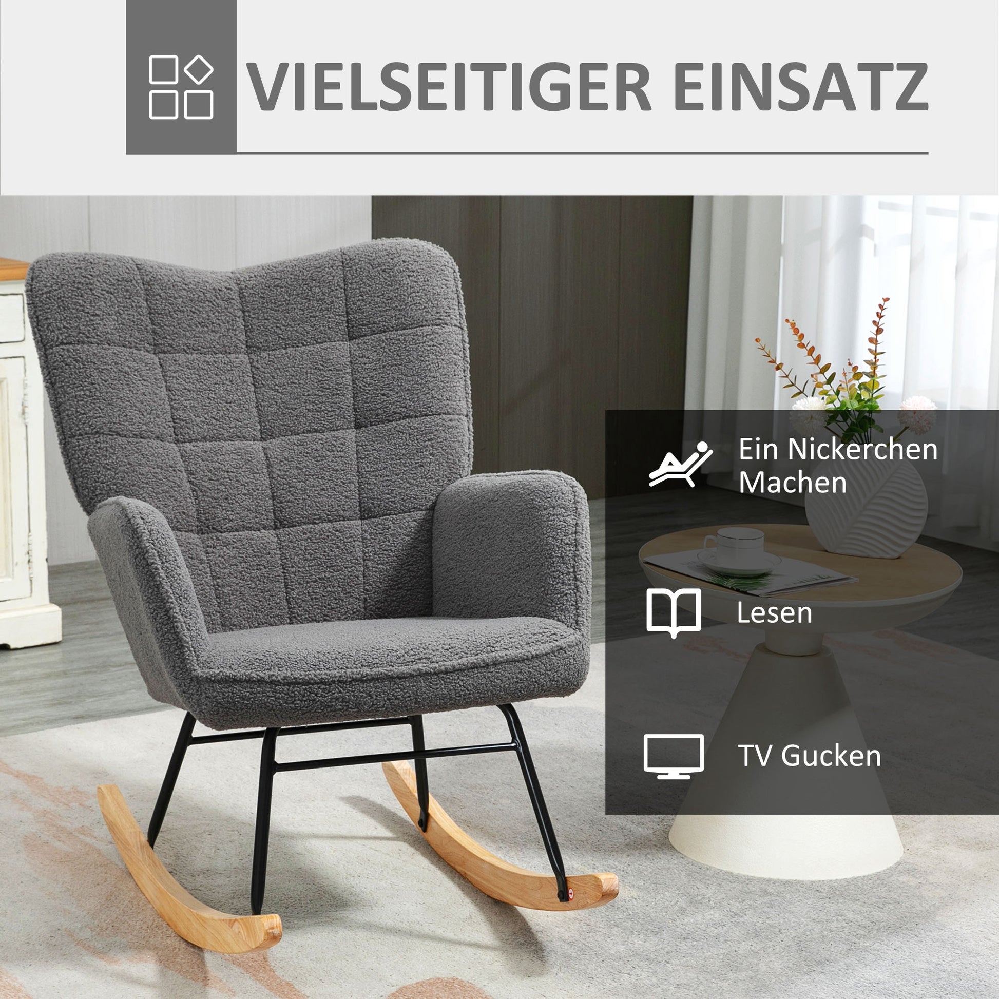 Schaukelstuhl, Schaukelsessel mit Berbervliesoptik, Armlehne, Gepolsterter Sessel mit Holzkufen, Relaxsessel für Wohnzimmer, Schlafzimmer, bis 120kg belastbar, Dunkelgrau