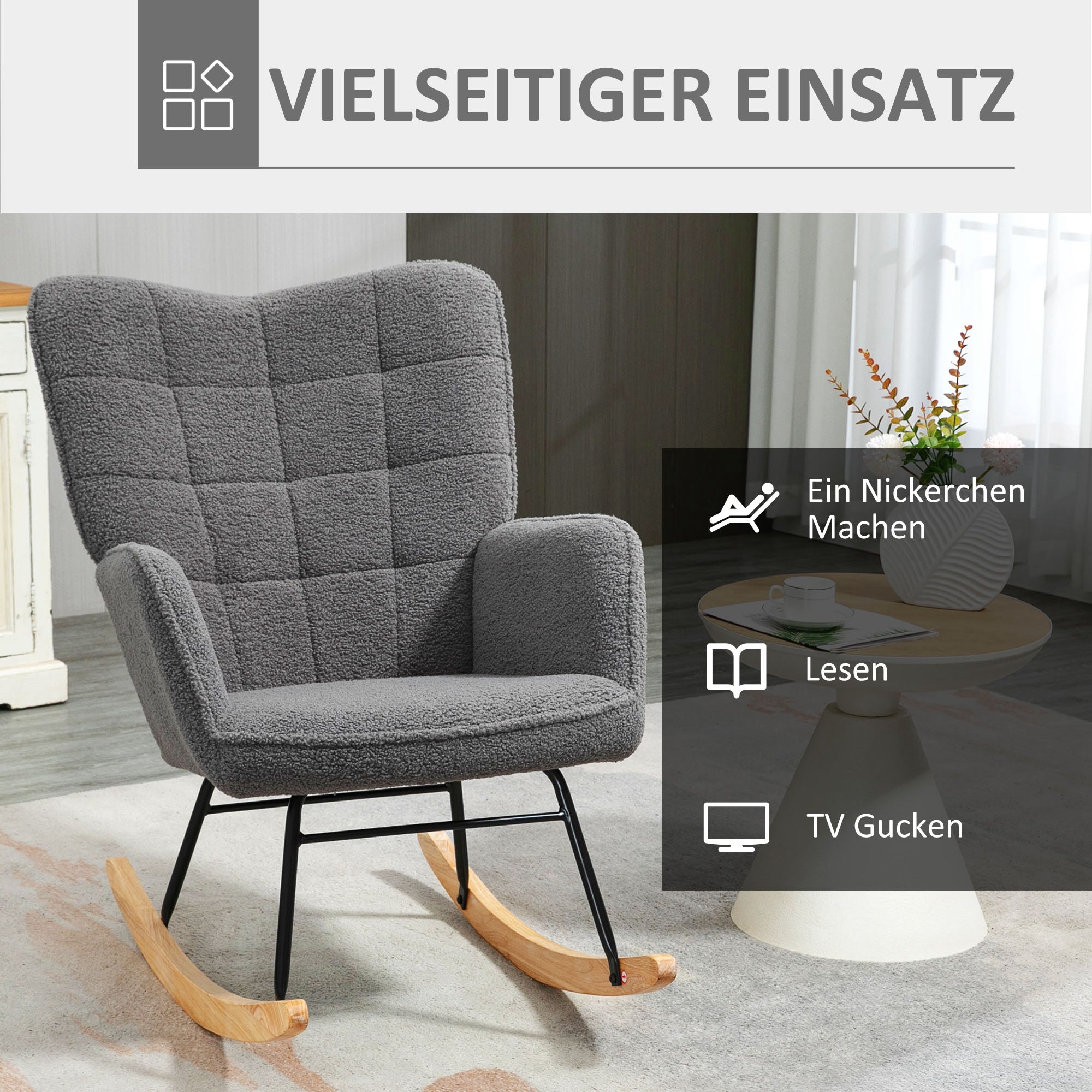 Schaukelstuhl, Schaukelsessel mit Berbervliesoptik, Armlehne, Gepolsterter Sessel mit Holzkufen, Relaxsessel für Wohnzimmer, Schlafzimmer, bis 120kg belastbar, Dunkelgrau