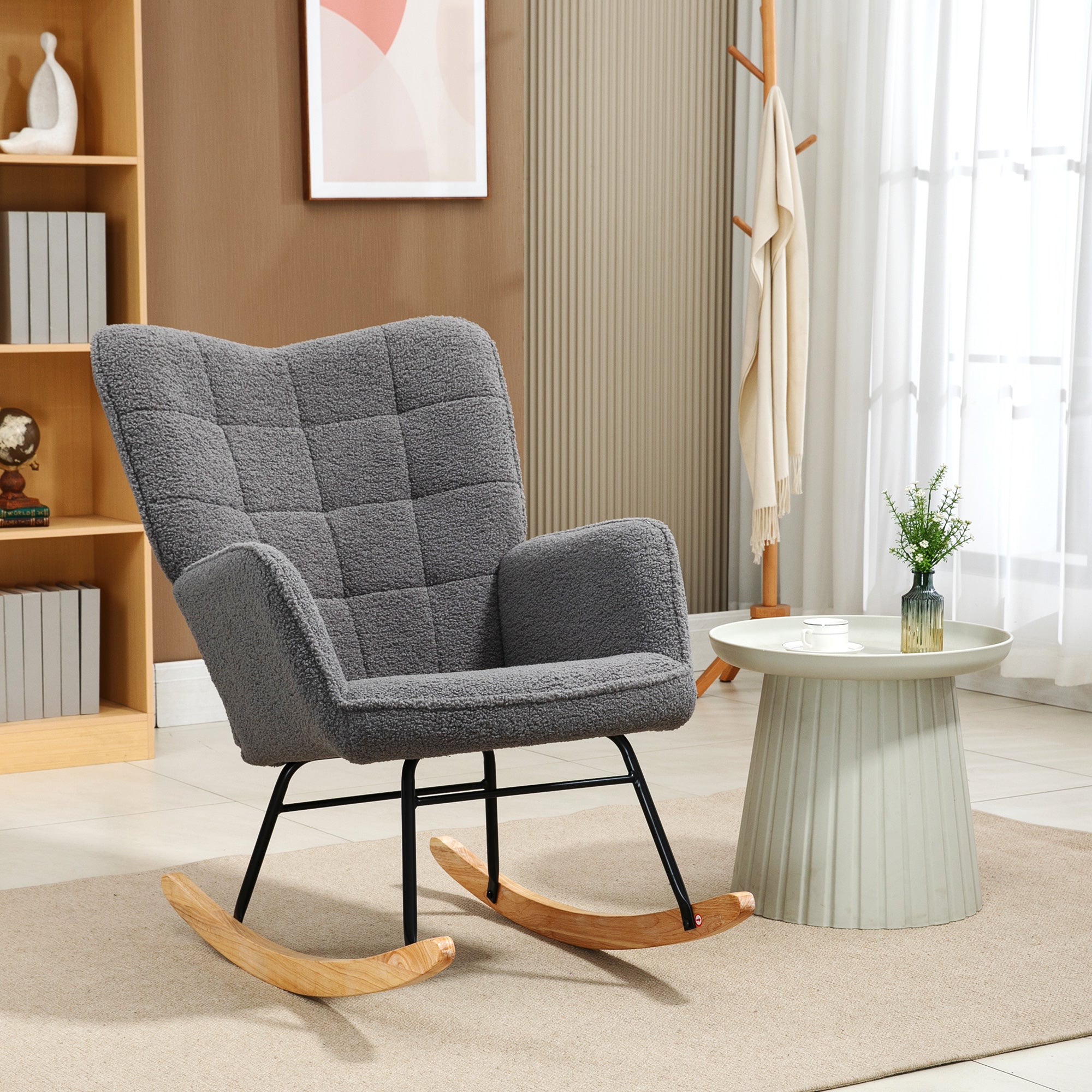 Rocking Chair, Rocking Armchair with Berber Fleece Look, Armrest, Upholstered Chair with Wooden Rockers, Relaxing Chair for Living Room, Bedroom, Up to 120kg Load Capacity, Dark Gray