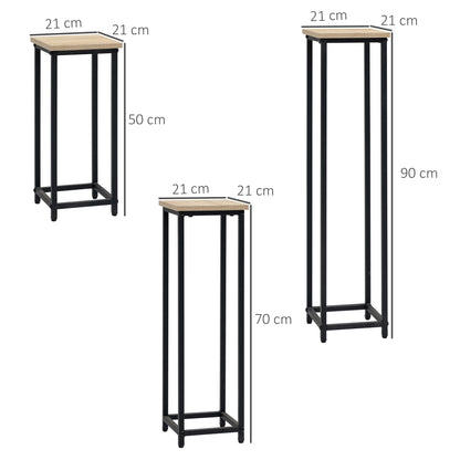 3-Piece Plant Stand Set, 50/70/90cm High Stackable Flower Stand for Indoor Outdoor, Steel Plant Stand for Living Room, Garden Balcony, Black+Nature