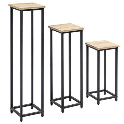 3-Piece Plant Stand Set, 50/70/90cm High Stackable Flower Stand for Indoor Outdoor, Steel Plant Stand for Living Room, Garden Balcony, Black+Nature