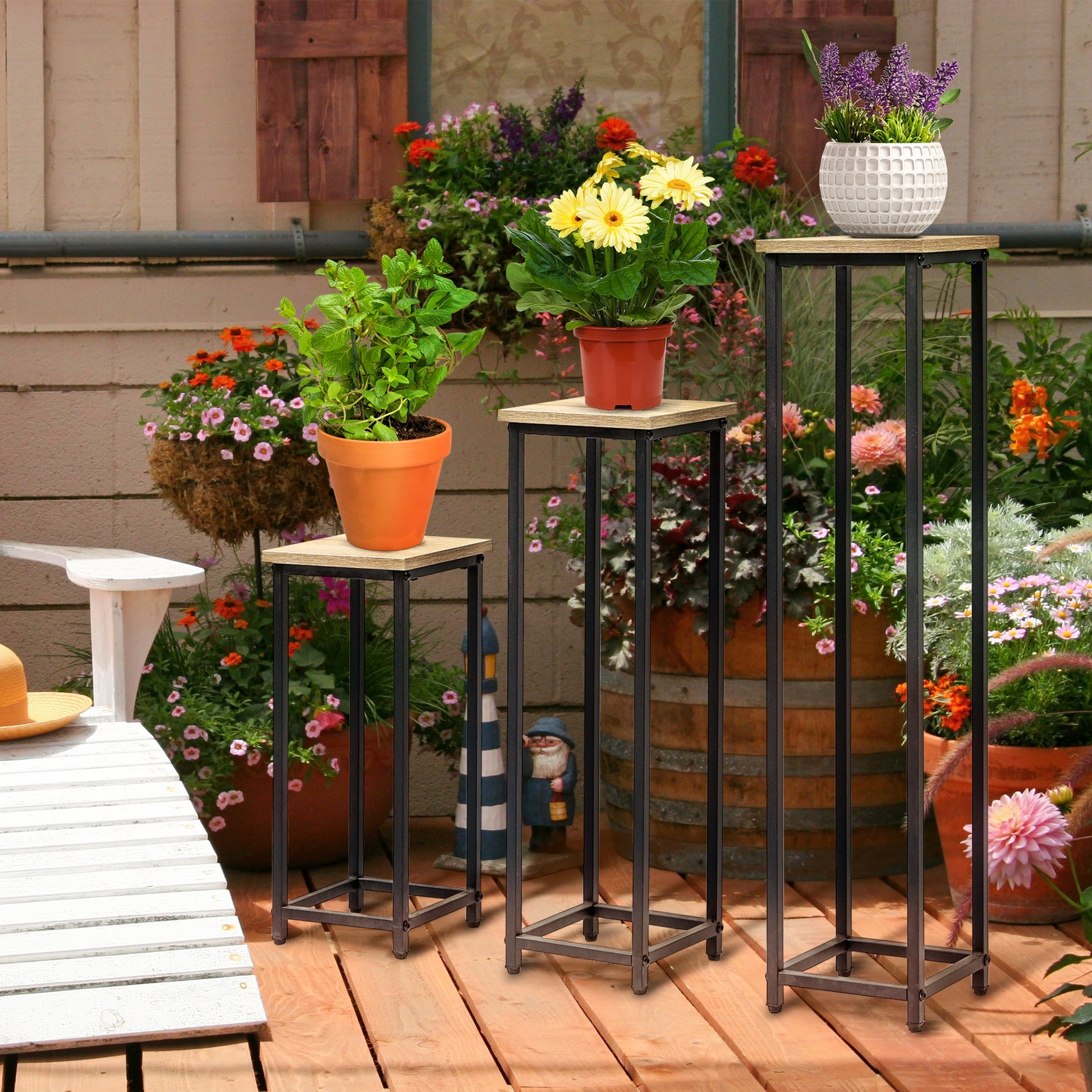 3-Piece Plant Stand Set, 50/70/90cm High Stackable Flower Stand for Indoor Outdoor, Steel Plant Stand for Living Room, Garden Balcony, Black+Nature