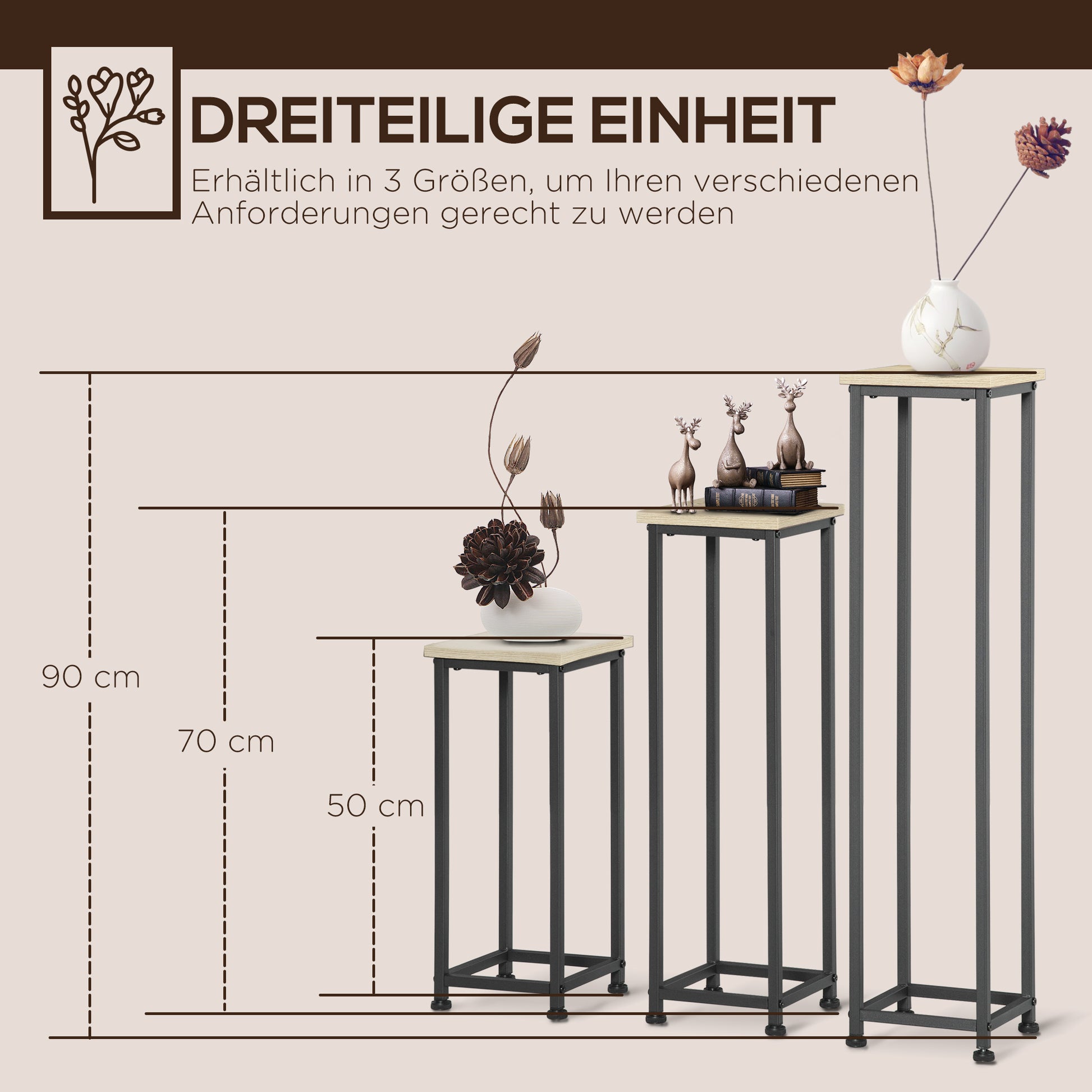 3-Piece Plant Stand Set, 50/70/90cm High Stackable Flower Stand for Indoor Outdoor, Steel Plant Stand for Living Room, Garden Balcony, Black+Nature