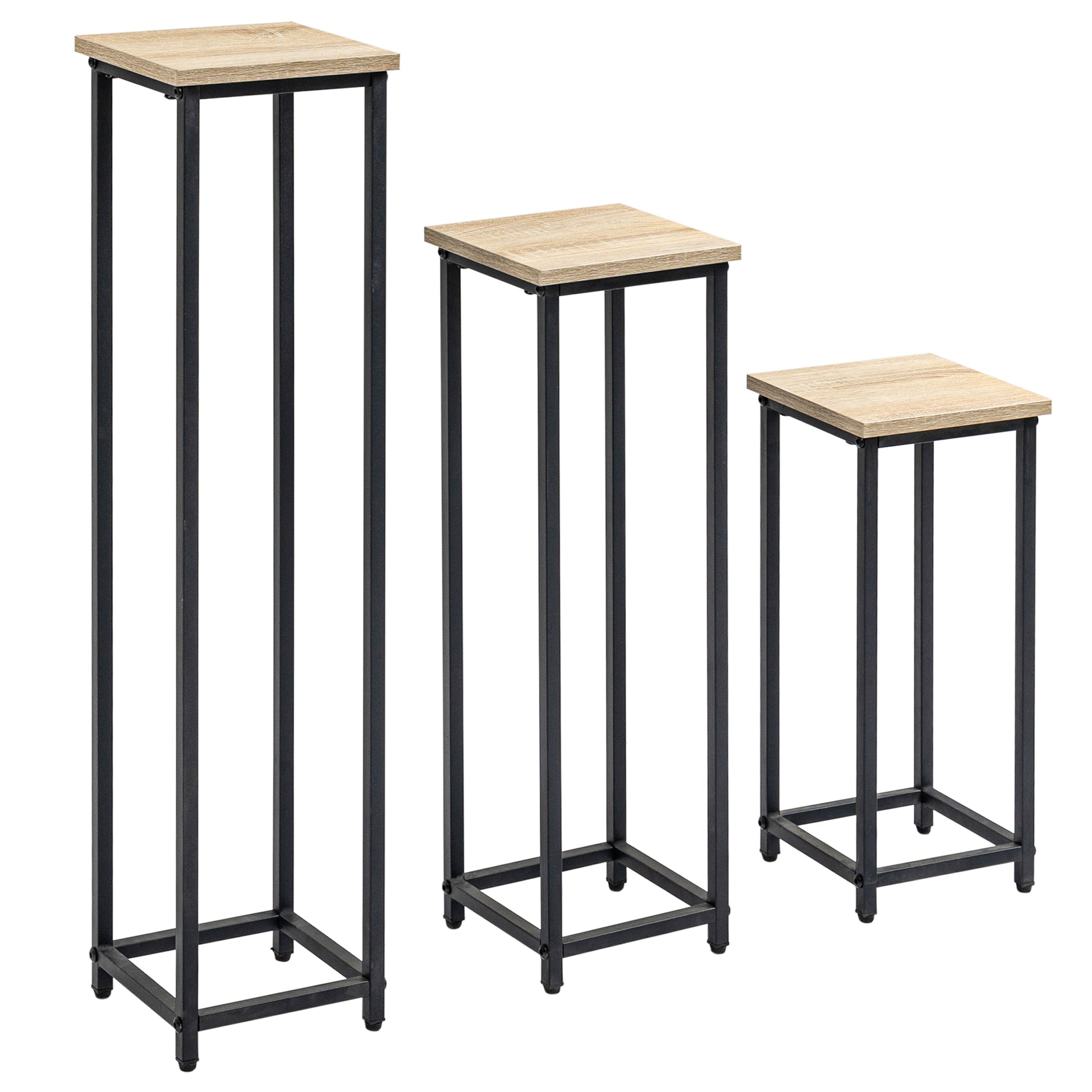 3-Piece Plant Stand Set, 50/70/90cm High Stackable Flower Stand for Indoor Outdoor, Steel Plant Stand for Living Room, Garden Balcony, Black+Nature