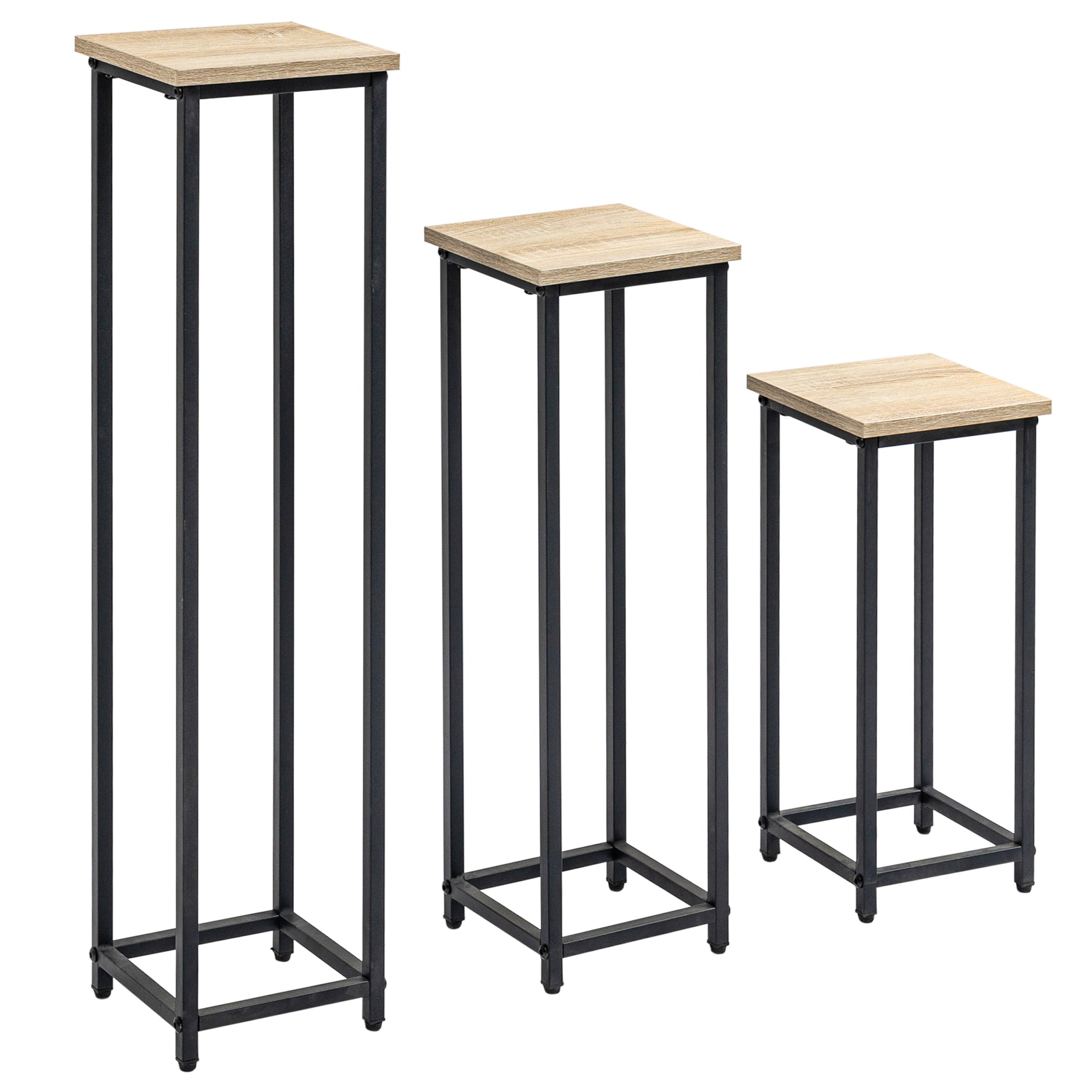 3-Piece Plant Stand Set, 50/70/90cm High Stackable Flower Stand for Indoor Outdoor, Steel Plant Stand for Living Room, Garden Balcony, Black+Nature