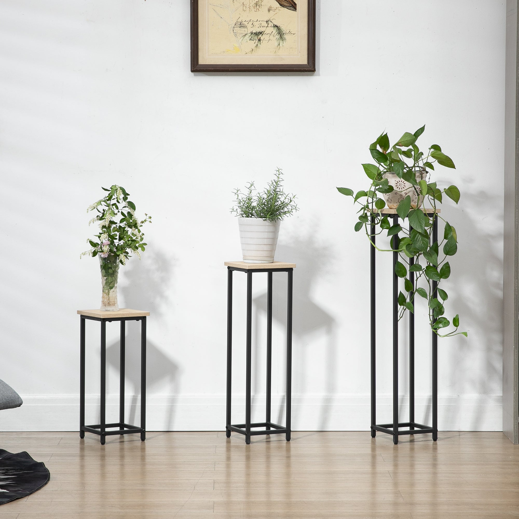3-Piece Plant Stand Set, 50/70/90cm High Stackable Flower Stand for Indoor Outdoor, Steel Plant Stand for Living Room, Garden Balcony, Black+Nature