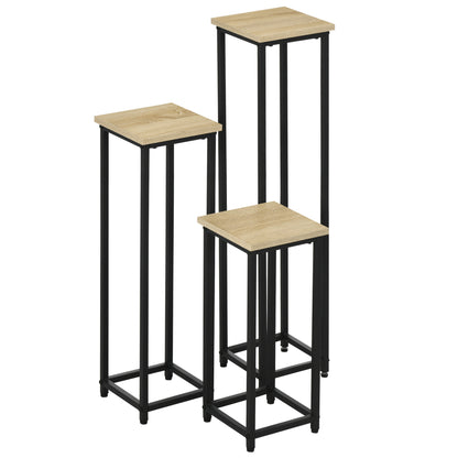 3-Piece Plant Stand Set, 50/70/90cm High Stackable Flower Stand for Indoor Outdoor, Steel Plant Stand for Living Room, Garden Balcony, Black+Nature