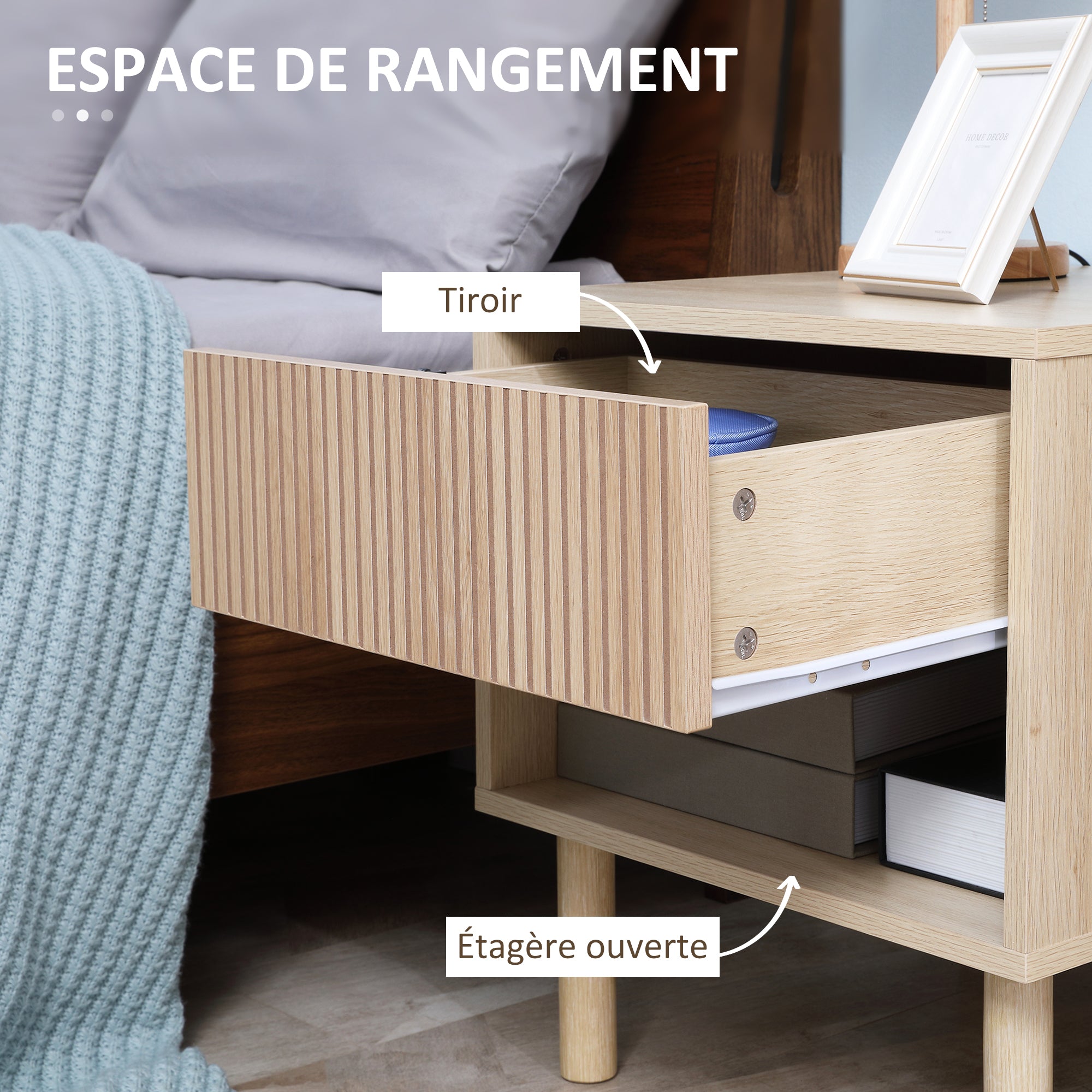 Set of 2 bedside tables nightstand with drawers and shelves, modern style side table for bedroom, living room, dimensions 47 x 47 x 50 cm, natural wood finish