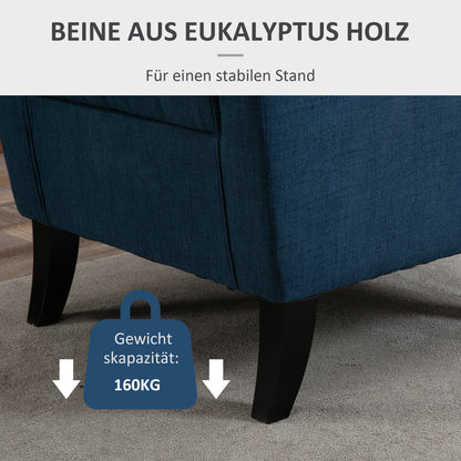 wing chair upholstered armchair with button tufting, high backrest, rounded armrests, wooden legs, for bedroom, living room, up to 160 kg, Blue