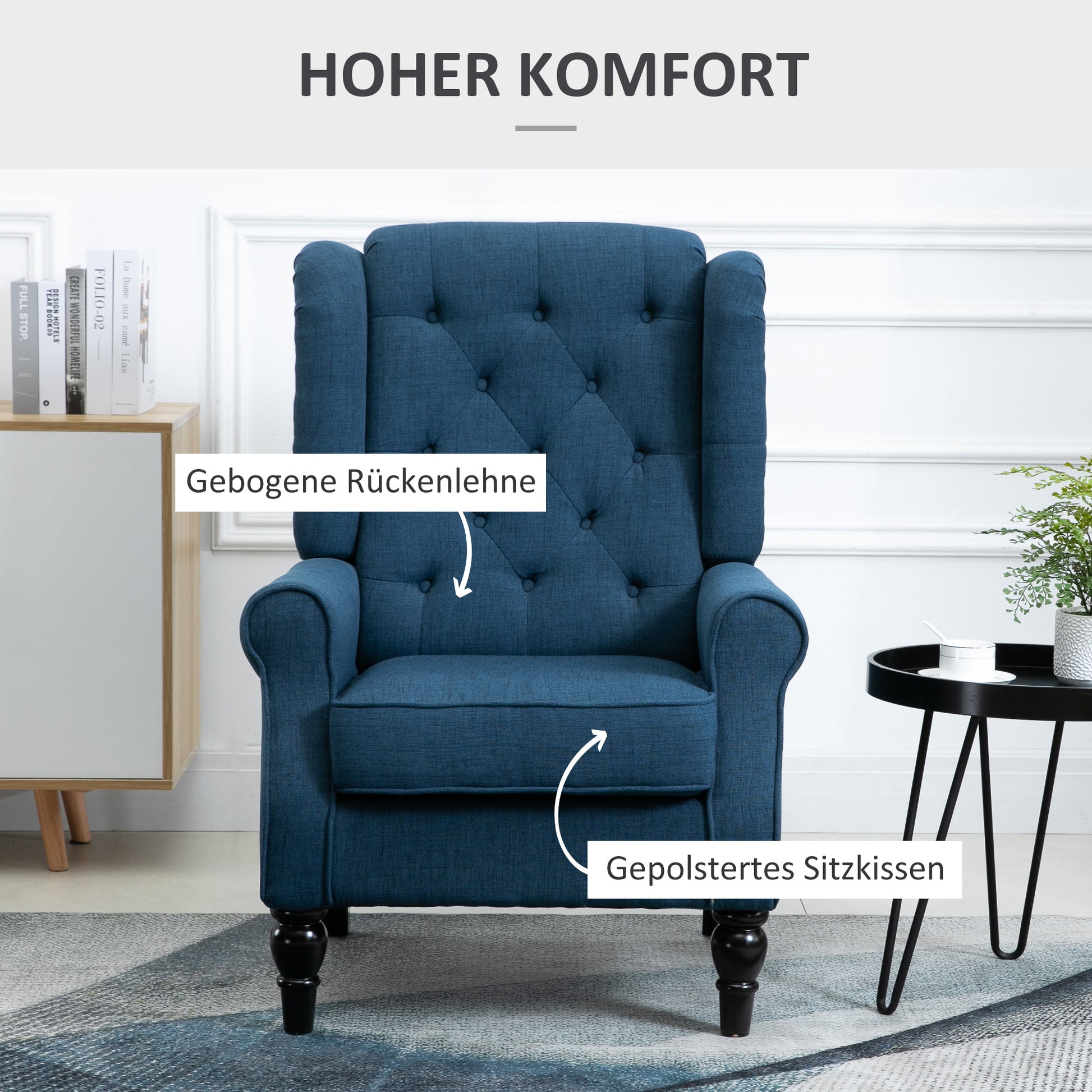 wing chair upholstered armchair with button tufting, high backrest, rounded armrests, wooden legs, for bedroom, living room, up to 160 kg, Blue
