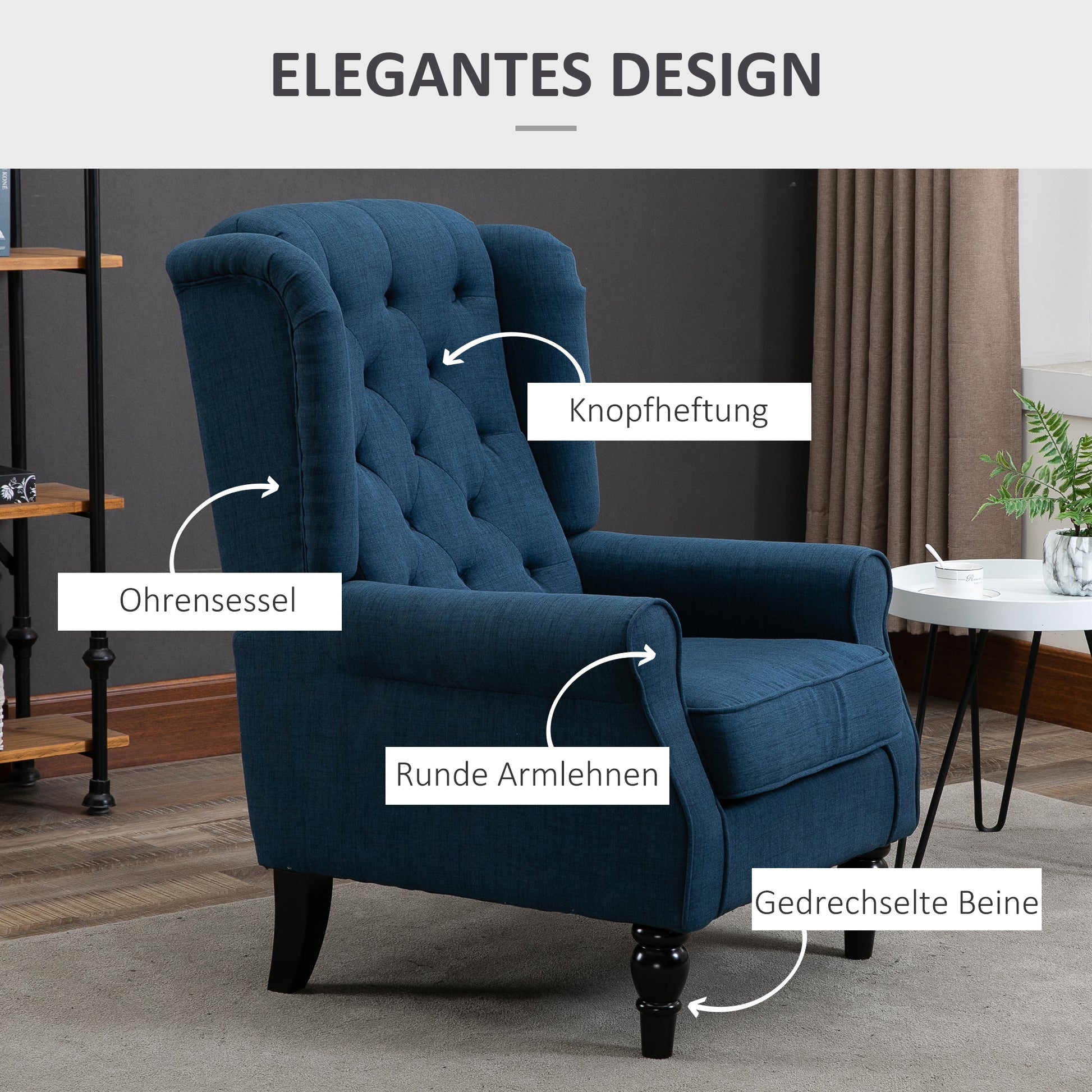 wing chair upholstered armchair with button tufting, high backrest, rounded armrests, wooden legs, for bedroom, living room, up to 160 kg, Blue